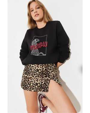Leopardprint Geborduurde Ronde Hals Sweatshirt