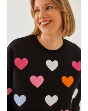 Geborduurd Hart Patroon Ronde Hals Sweatshirt