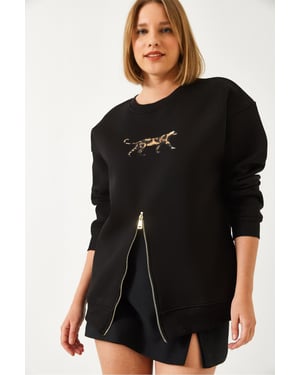 Geborduurd Sweatshirt met Rits en Ronde Hals