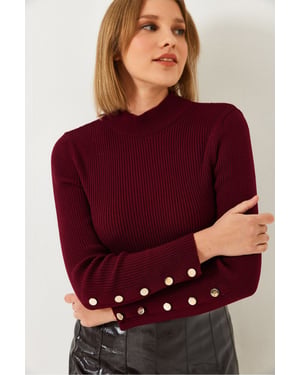 Texturerad Stickad Turtleneck Tröja med Knappmanschett