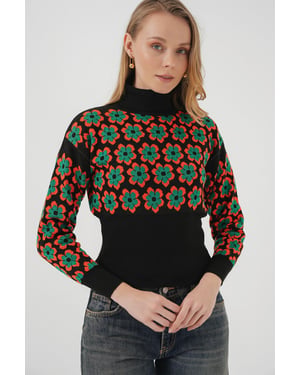 Fitted Turtleneck Cropped Sweater med Blomster Mönster