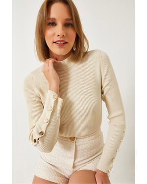 Texturerad Stickad Turtleneck Tröja med Knappmanschett