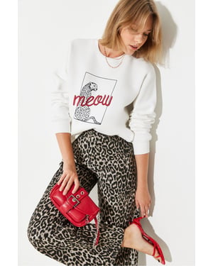 Leopardprint Geborduurd Rondhals Sweatshirt