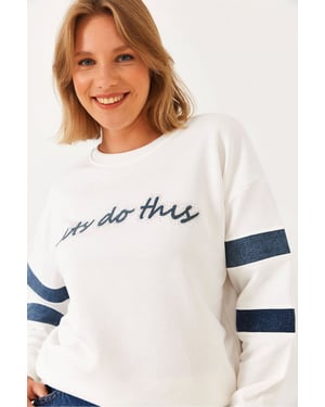 Gestreepte Geborduurde Ronde Hals Sweatshirt