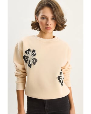 Geborduurd Ronde Hals Katoenen Sweatshirt