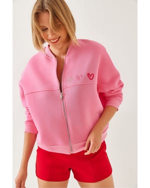 Gevoerde Hoodie met Rits met Borduring