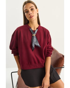 Ronde Hals Geribd Sweatshirt met Sjaal Accessoire Detail