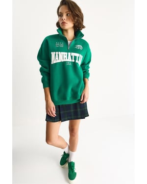 Achter Gedrukt Lange Mouw Rits Kraag Sweatshirt