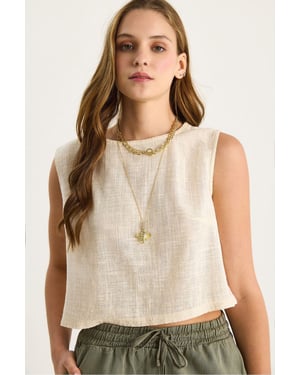 Linen Blend Cropped Crew Neck Blouse