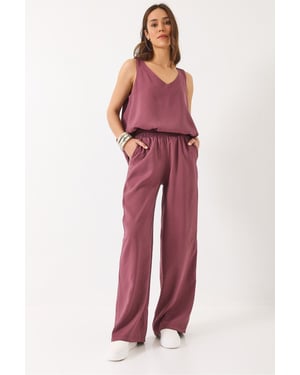 V-hals Katoenen Blouse-Broek Tweedelig Set