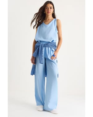 V-hals Katoenen Blouse-Broek Twee-Piece Set