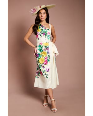 Lisa Tan Placement Print Satin Floral Bow Detail Midi Dress