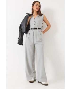 V-hals Wijde Pijpen Jumpsuit met Strikdetail