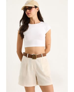 Linnenmix Relaxed Fit Brede Pijpen Shorts met Zakjes