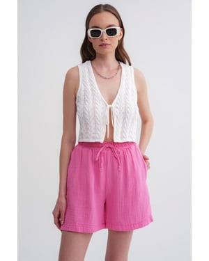 Hoog-Waisted Textured Katoenen Shorts