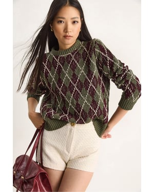 Women’s Crew Neck Knitted Sweater with Diamond Pattern