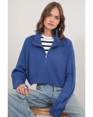 Texturerad långärmad zip-up tröja med krage