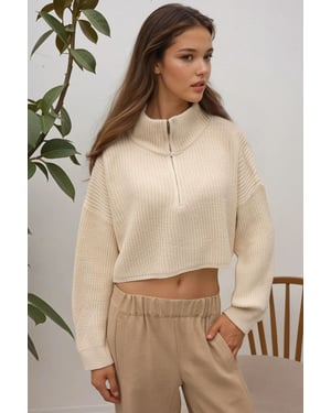 Tjock Stickad Crop Tröja med Dragkedja i Kragen