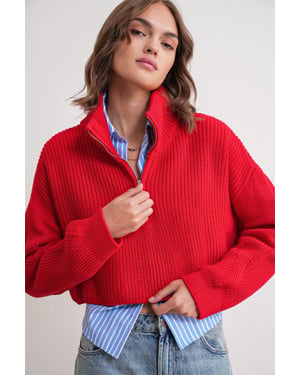Texturerad långärmad sweatshirt med dragkedja och krage