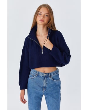 Texturerad långärmad zip-up tröja med krage