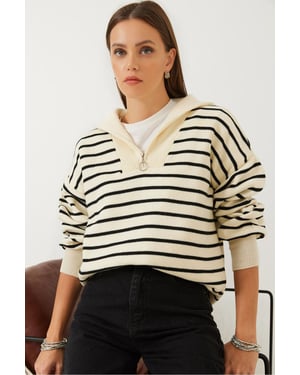 Randig Boxy Crop Tröja med Dragkedja i Kragen
