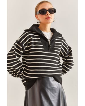Randig Boxy Crop Tröja med Dragkedjekrage