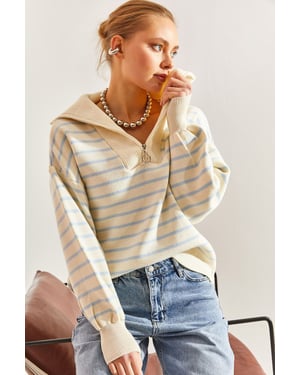 Randig Boxy Crop Tröja med Dragkedjekrage