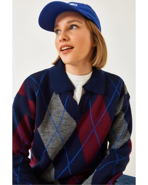 Geometrisk Mönster Polo Hals Stickad Tröja