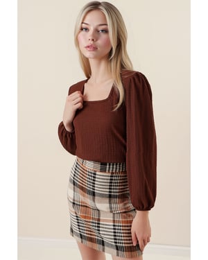 Gestructureerde Vierkante Kraag Lange Mouwen Blouse