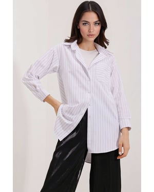 Overmaatse Gestreepte Poplin Shirt met Pocket