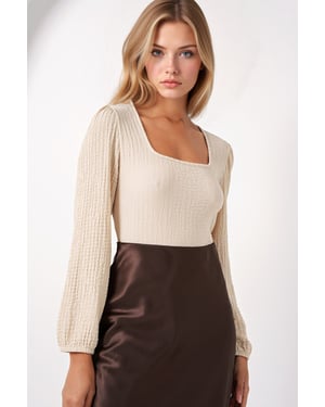 Gestructureerde Vierkante Kraag Langetermijn Blouse
