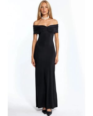 Off-Shoulder Split Gedetailleerde Zand Maxi-jurk