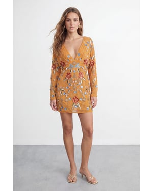 Premium Hand Embellished Plunge Mini Dress with Kimono Sleeve