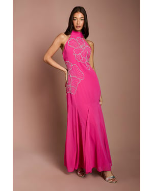 Embellished Maxi Dress With Godet Pleats