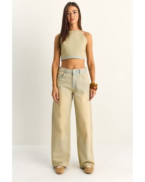 Hoge Taille Denim Haltertop en Brede Pijpen Broek Set