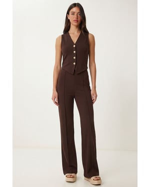 Hög midja V-ringad knappar-up breda ben co-ord set