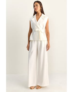 Hoge Taille Wijde Pijpen Co-ord Set met Sjaalkraag