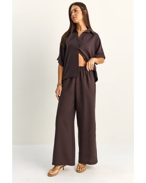 Hoge taille wijde been twee-delige co-ord set met overhemdkraag