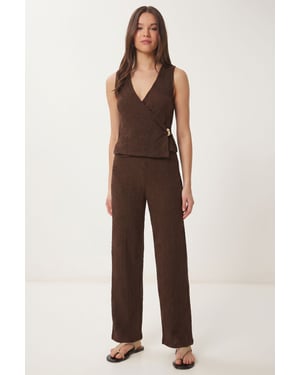 Gestructureerde V-hals Hoge Taille Co-Ord Set met Wijde Pijpenbroek