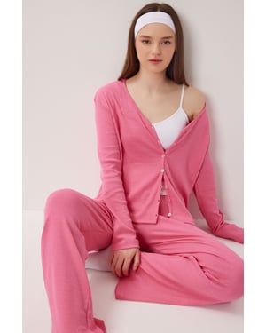 V-hals Knoop Long Cardigan en Broeken Pyjama Set