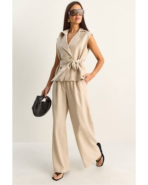 Hoge Taille Wijde Pijpen Co-ord Set met Sjaalkraag