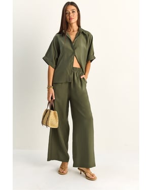 Hoge Taille Brede Pijpen Twee-Delig Co-ord Set met Kraag