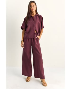 Hoge Taille Wijde Pijpen Twee-delige Co-ord Set met Shirtkraag