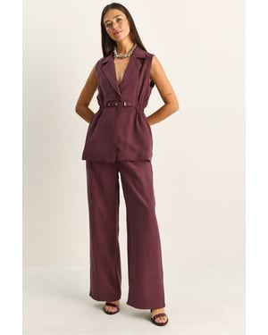 Hoge Taille Wijde Pijpen Co-ord Set met Jasje Kraag