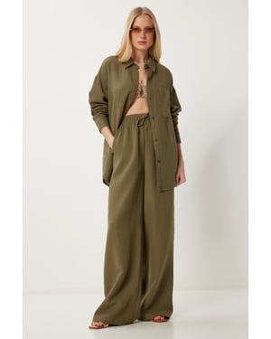 Hoge Taille Brede Pijpen Twee-Delig Co-ord Set met Kraag