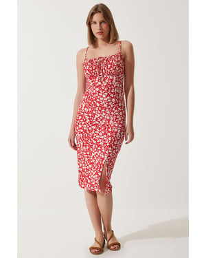 Bloemengebroken Ribbel Bodycon Midi-jurk met Split