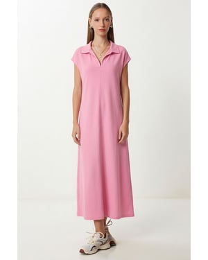 Polo-Kraag Pull-On Midi Jurk met Zak