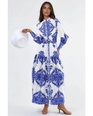 Paisleyprint A-lijn Maxi-jurk met Hemdkragen en Ceintuur
