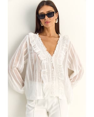 Rimpelige V-hals Gestreepte Blouse