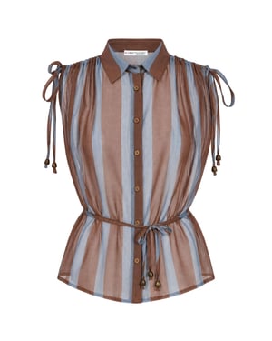 Gestreepte Mouwloze Blouse met Knoopsluiting en Strikdetail